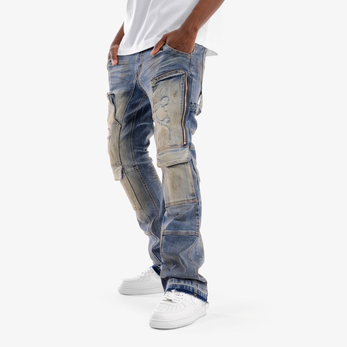 Copper Rivet Zipper Cargo Pants - Stacked