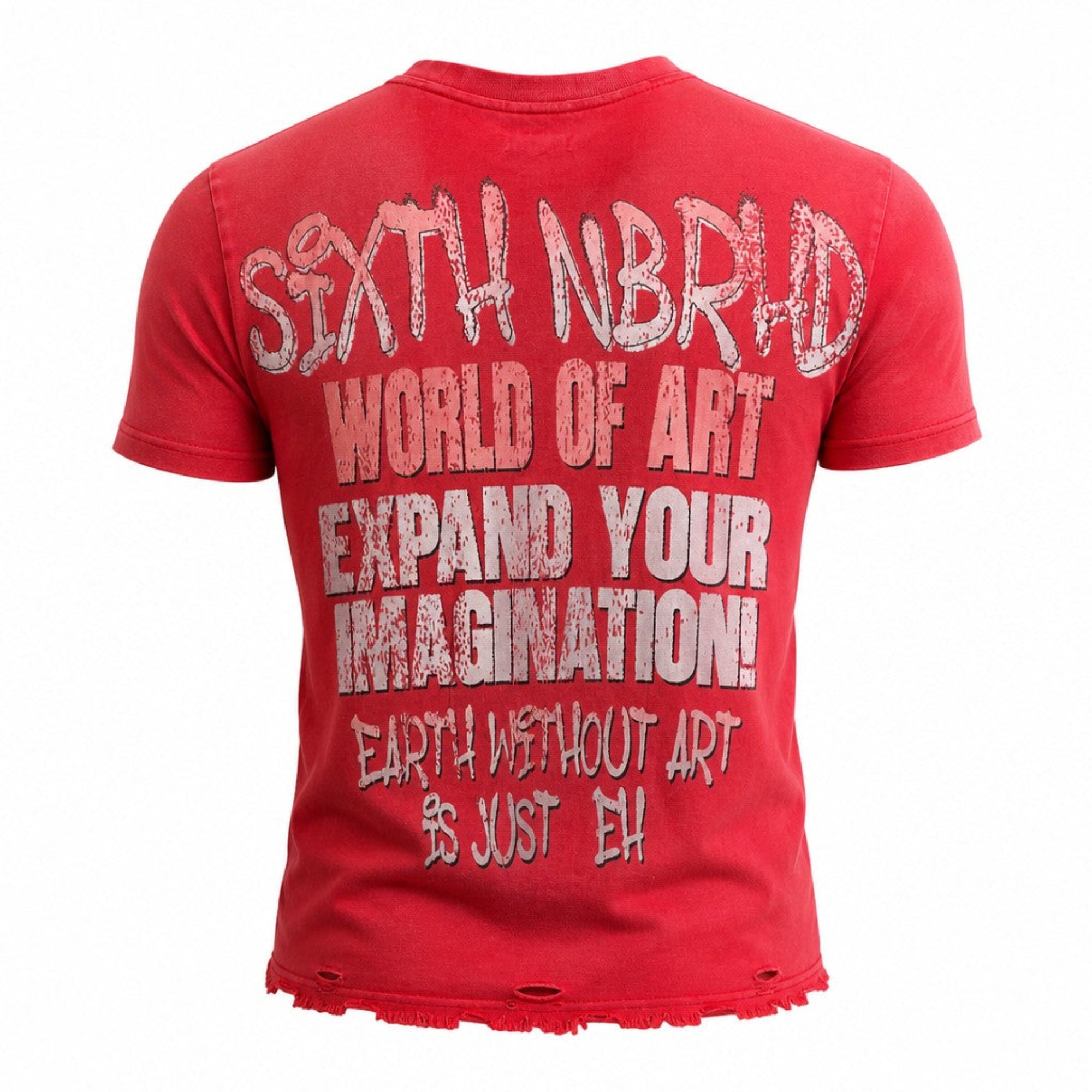 A red short-sleeve t-shirt with a distressed graphic on the back reading 'SIXTH NBRID WORLD OF ART EXPAND YOUR IMAGINATION! EARTH WITHOUT ART IS JUST EH'.