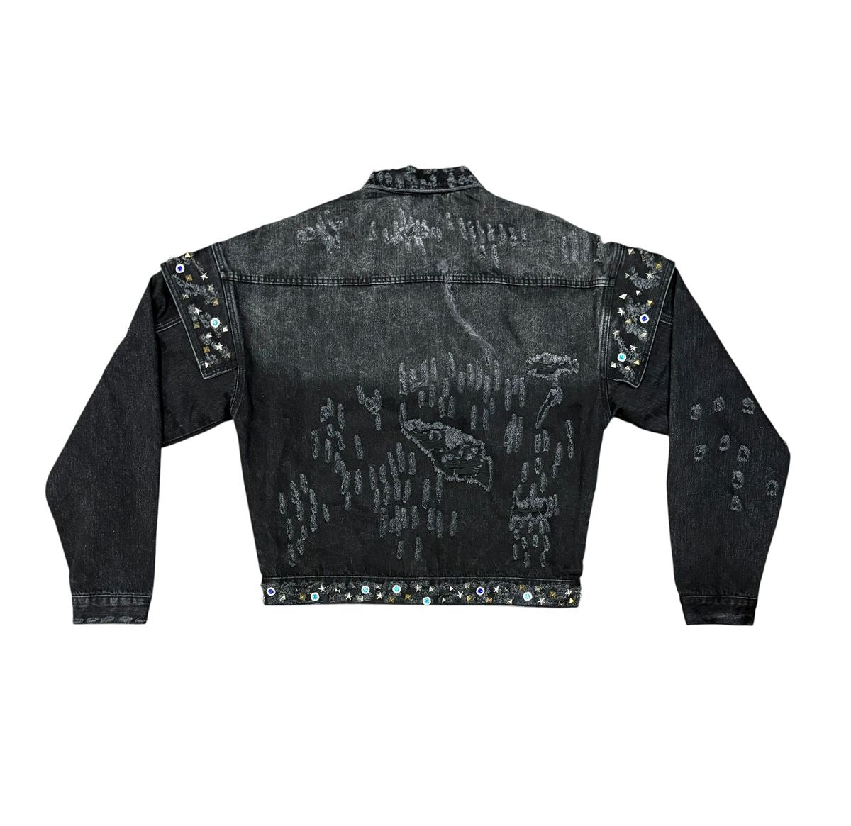 Valabasas Scavenge Distressed Black Denim Jacket with Embellishments