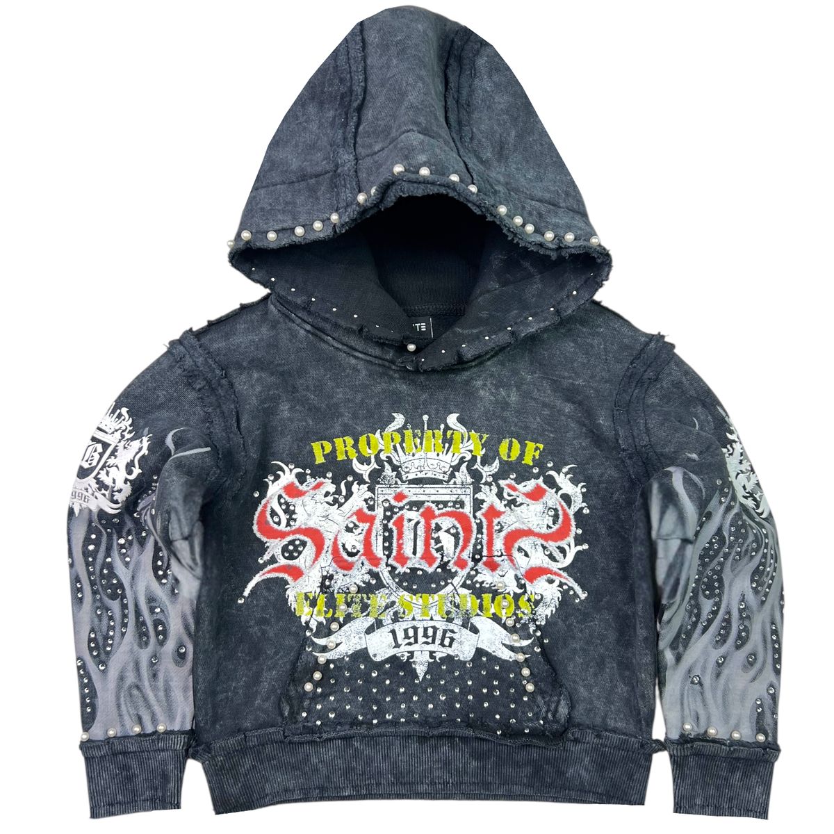 Saints Washed Rhinestone Pearls Kids Hoodie