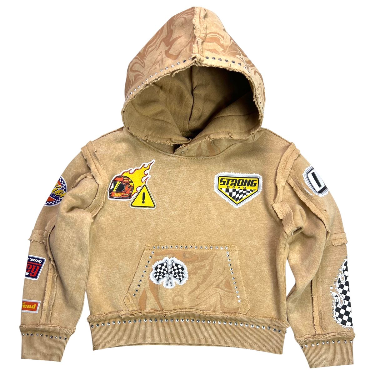Elite Premium Youth Strong Washed Rhinestone Hoodie - Beige