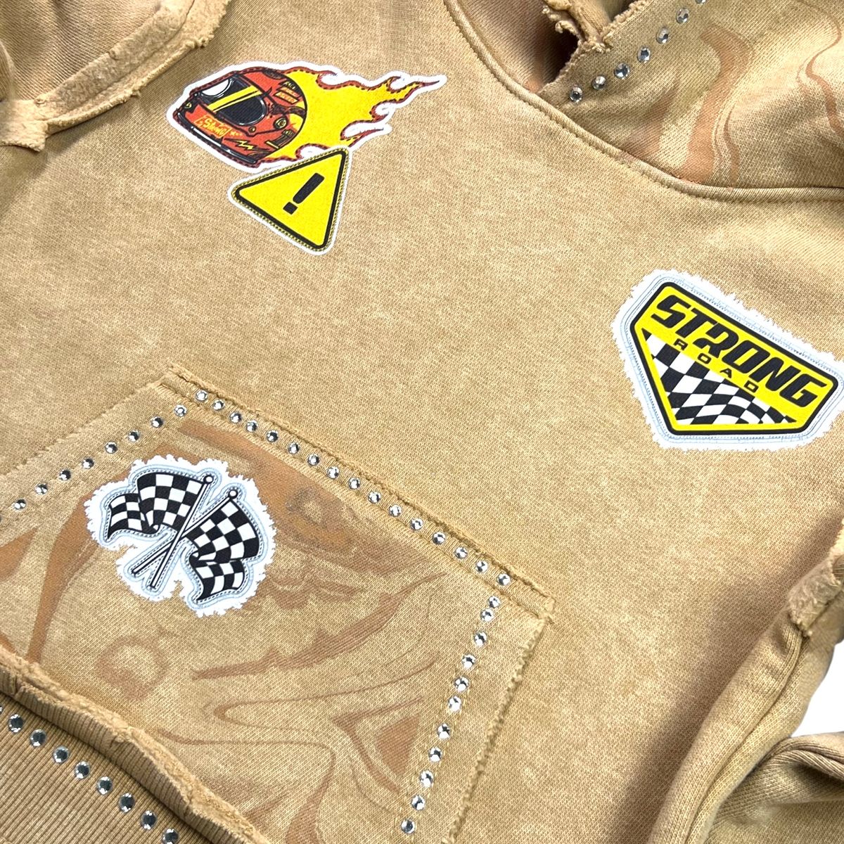 Elite Premium Kids Strong Washed Rhinestone Hoodie - Beige