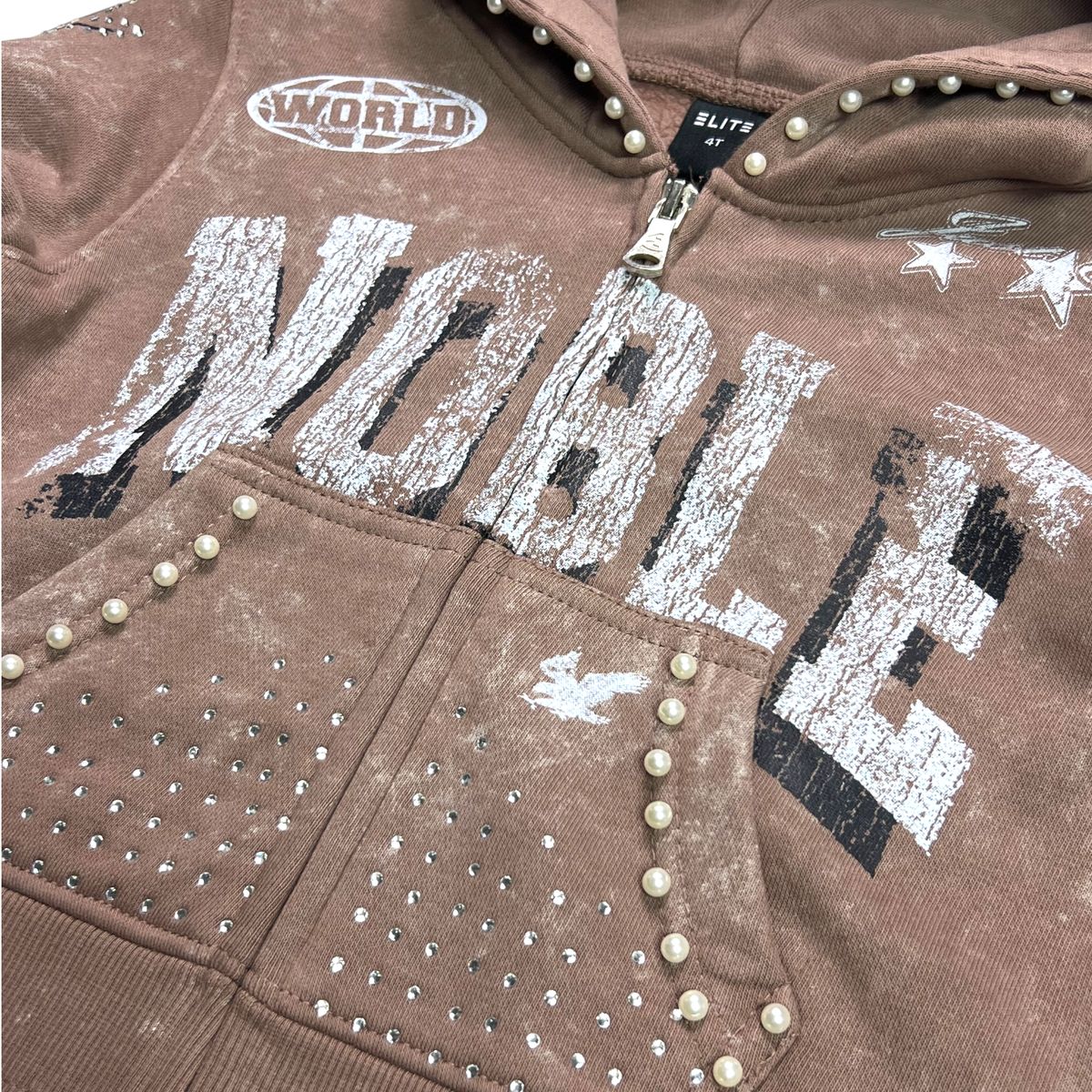 Noble White/Taupe Washed Rhinestone Pearls Kids Zip-Up