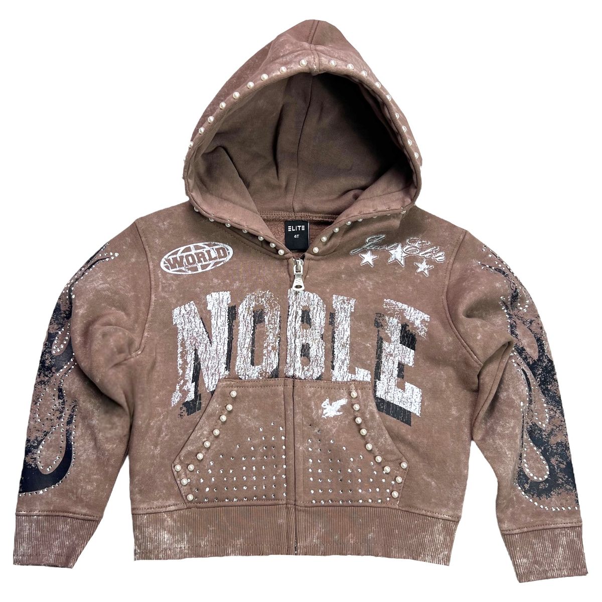 Noble White/Taupe Washed Rhinestone Pearls Youth Zip-Up