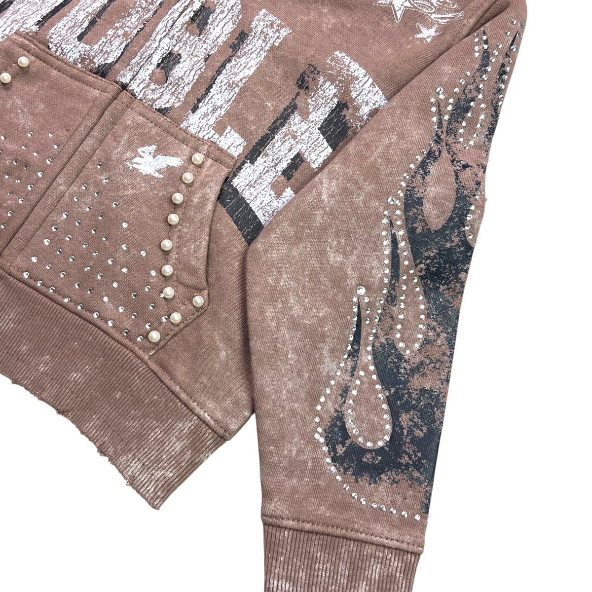 Noble White/Taupe Washed Rhinestone Pearls Youth Zip-Up