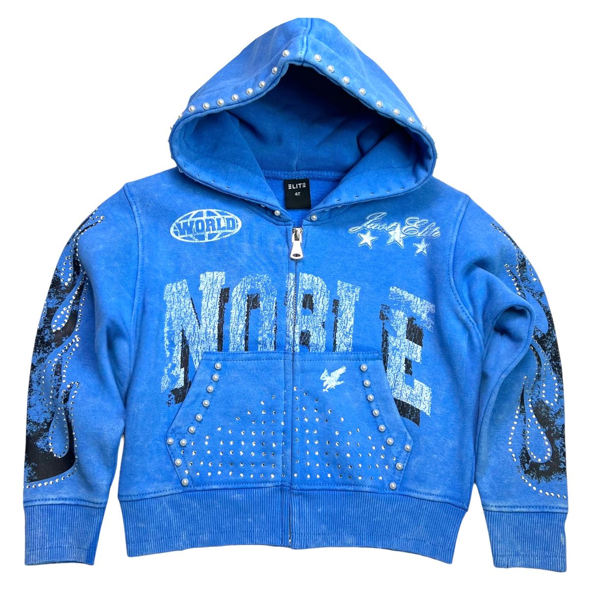 Noble White/Blue Washed Rhinestone Pearls Kids Zip-Up