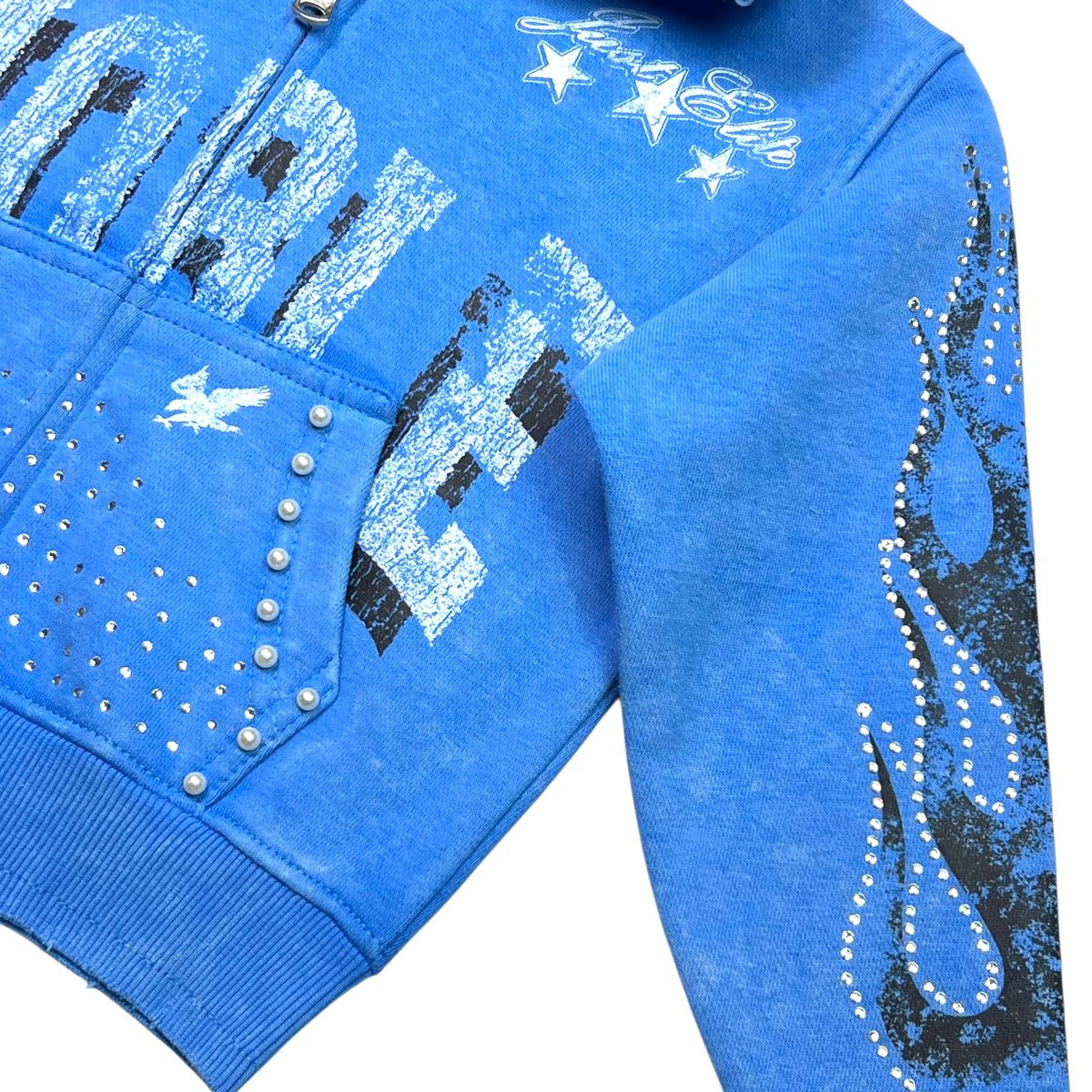 Noble White/Blue Washed Rhinestone Pearls Kids Zip-Up