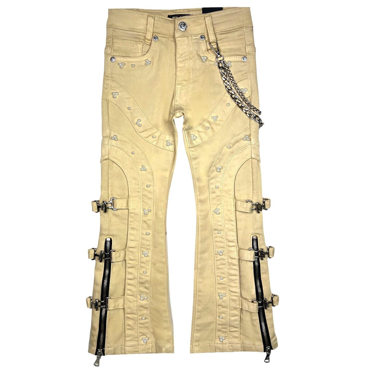 Elite Premium Pearls Buckles Youth Jeans - Beige