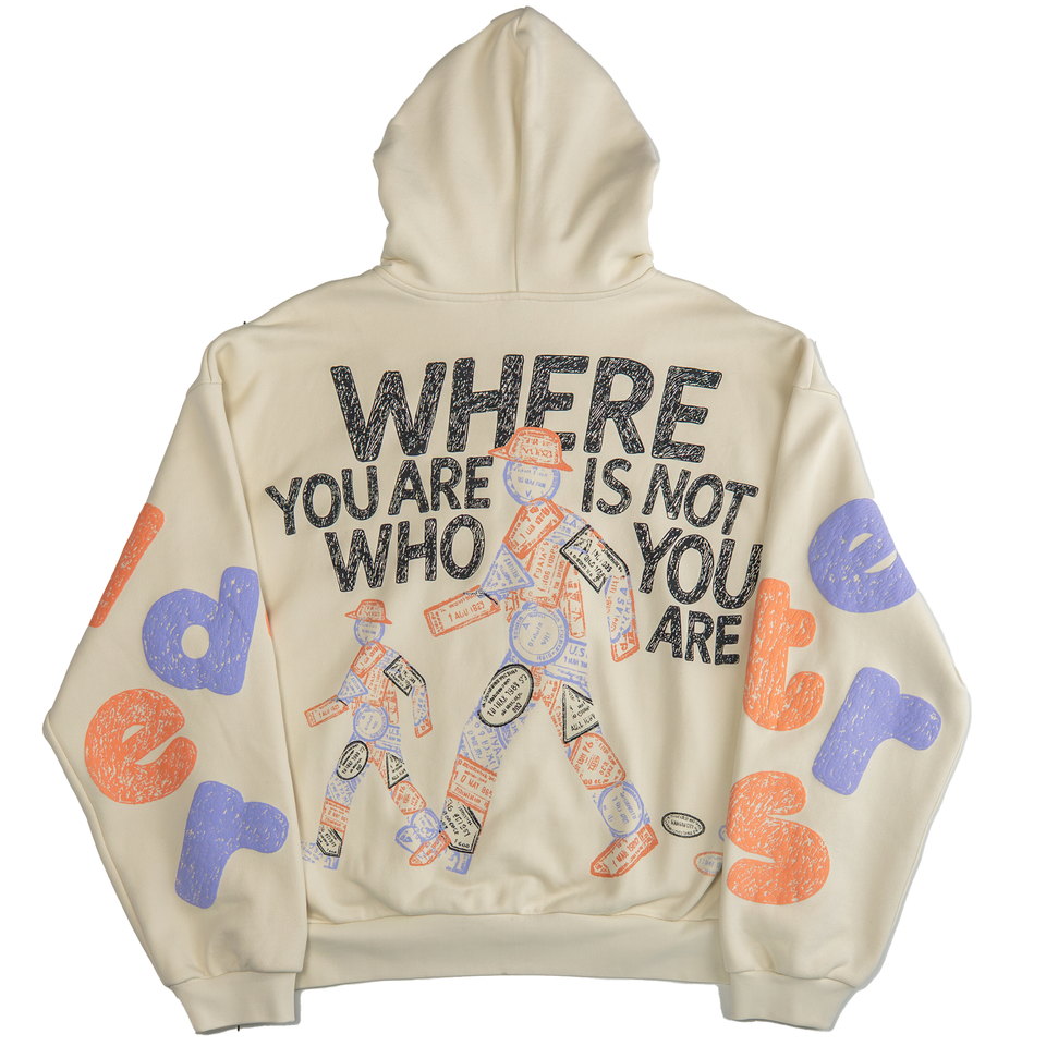 Red Letters Where U Are Scattered Zip Up Hoodie - Cream Color