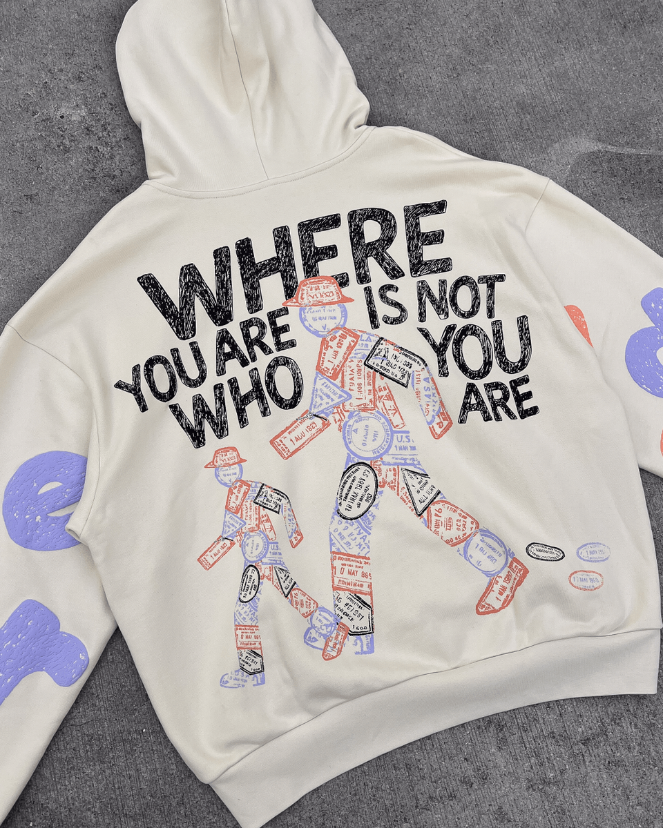 Red Letters Where U Are Scattered Zip Up Hoodie - Cream Color