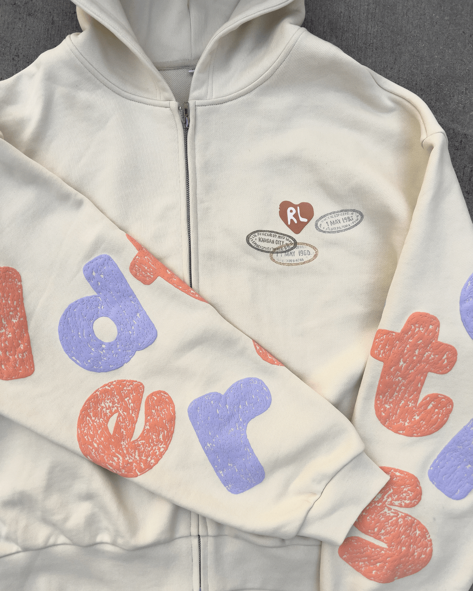 Red Letters Where U Are Scattered Zip Up Hoodie - Cream Color