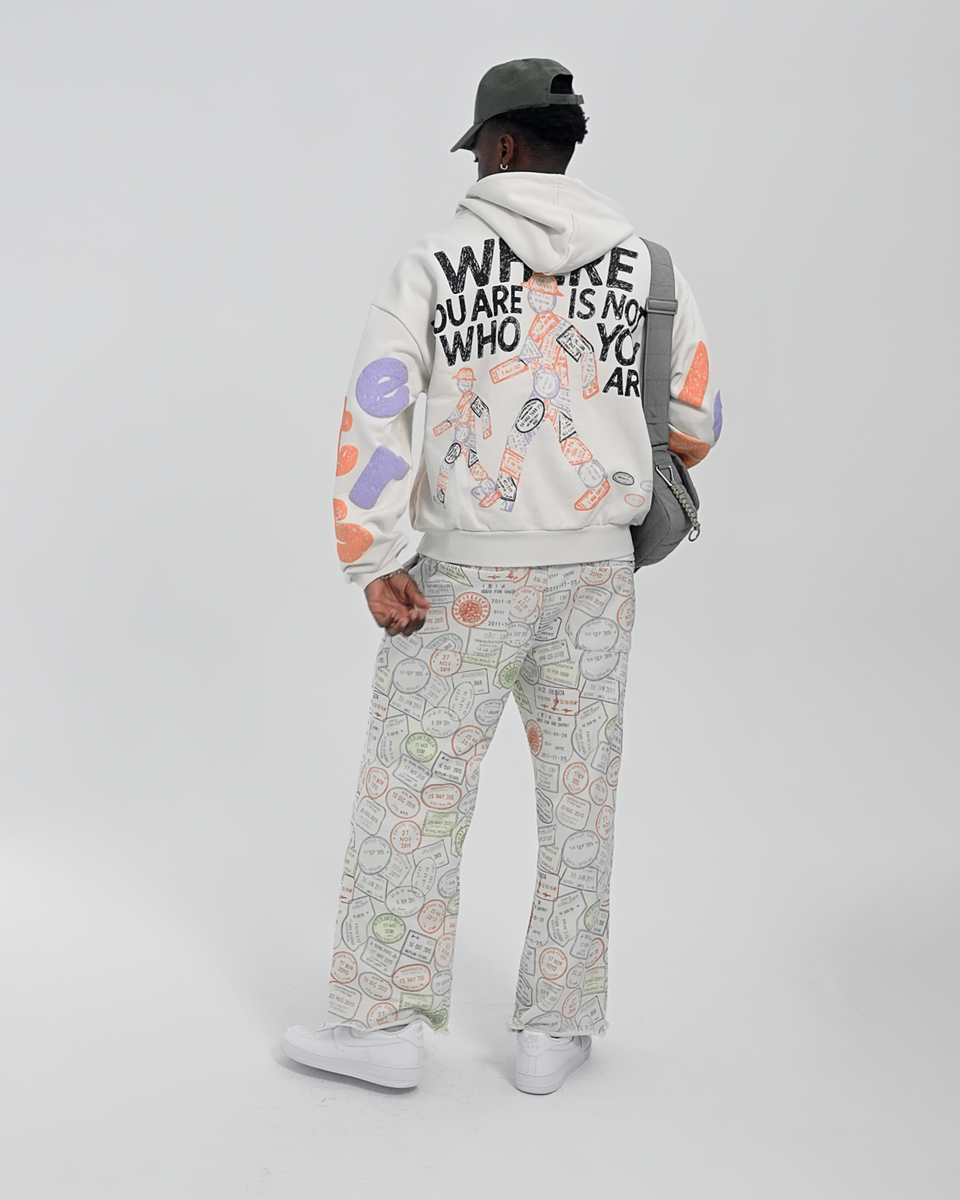 Red Letters Where U Are Scattered Zip Up Hoodie - Cream Color