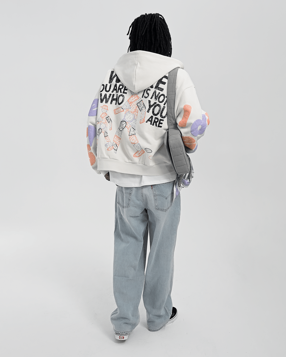 Red Letters Where U Are Scattered Zip Up Hoodie - Cream Color