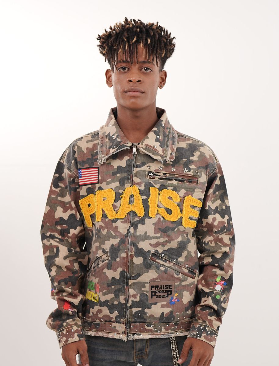 Elite Praise Embellished Premium Denim Jacket Camo - Camouflage Feature