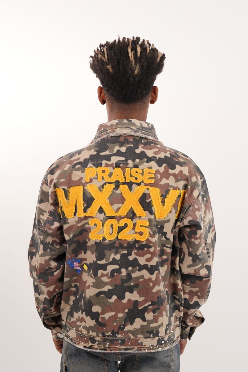 Elite Praise Embellished Premium Denim Jacket Camo - Camouflage Feature
