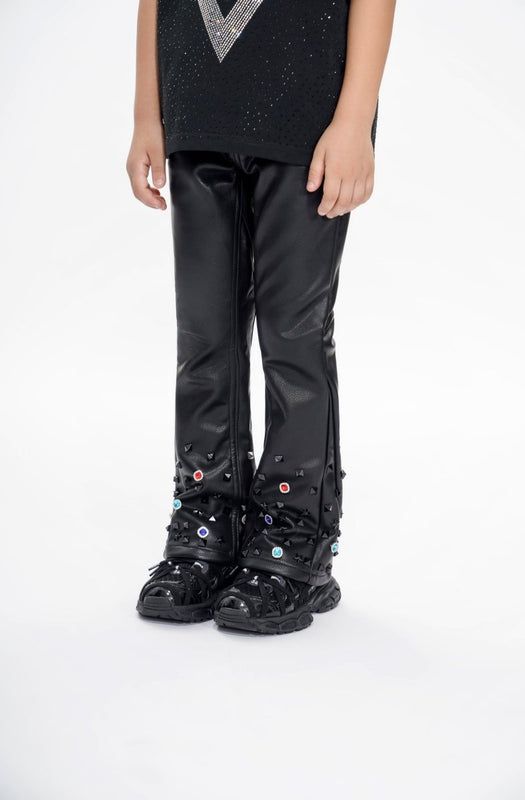 Valabasas Ion Kids Black Leather Stacked Jeans - Durable