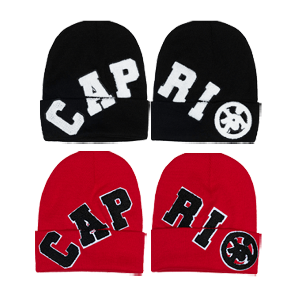 Two black and two red beanies with 'CAPRI' text on a white background
