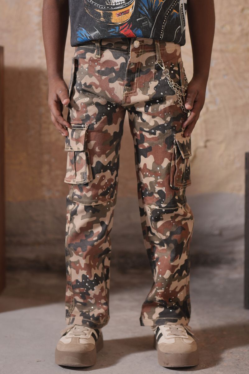 Elite Kids Embellished Baggy Denim Cargo Pants - Camouflage
