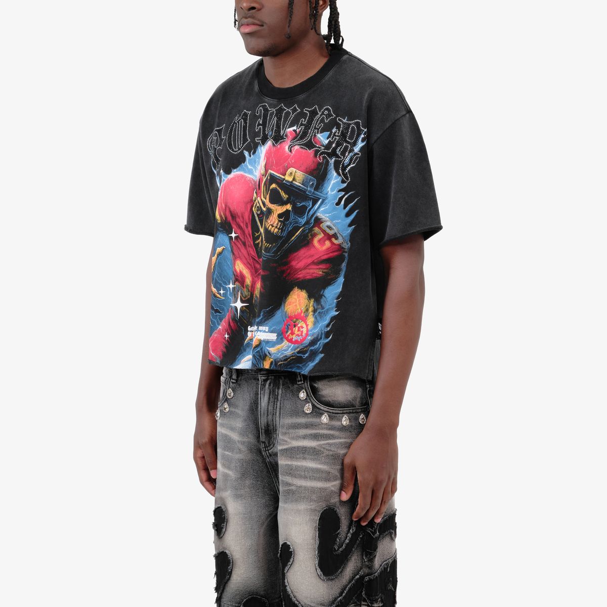 Copper Rivet Skull Football Tee - Raw Hem