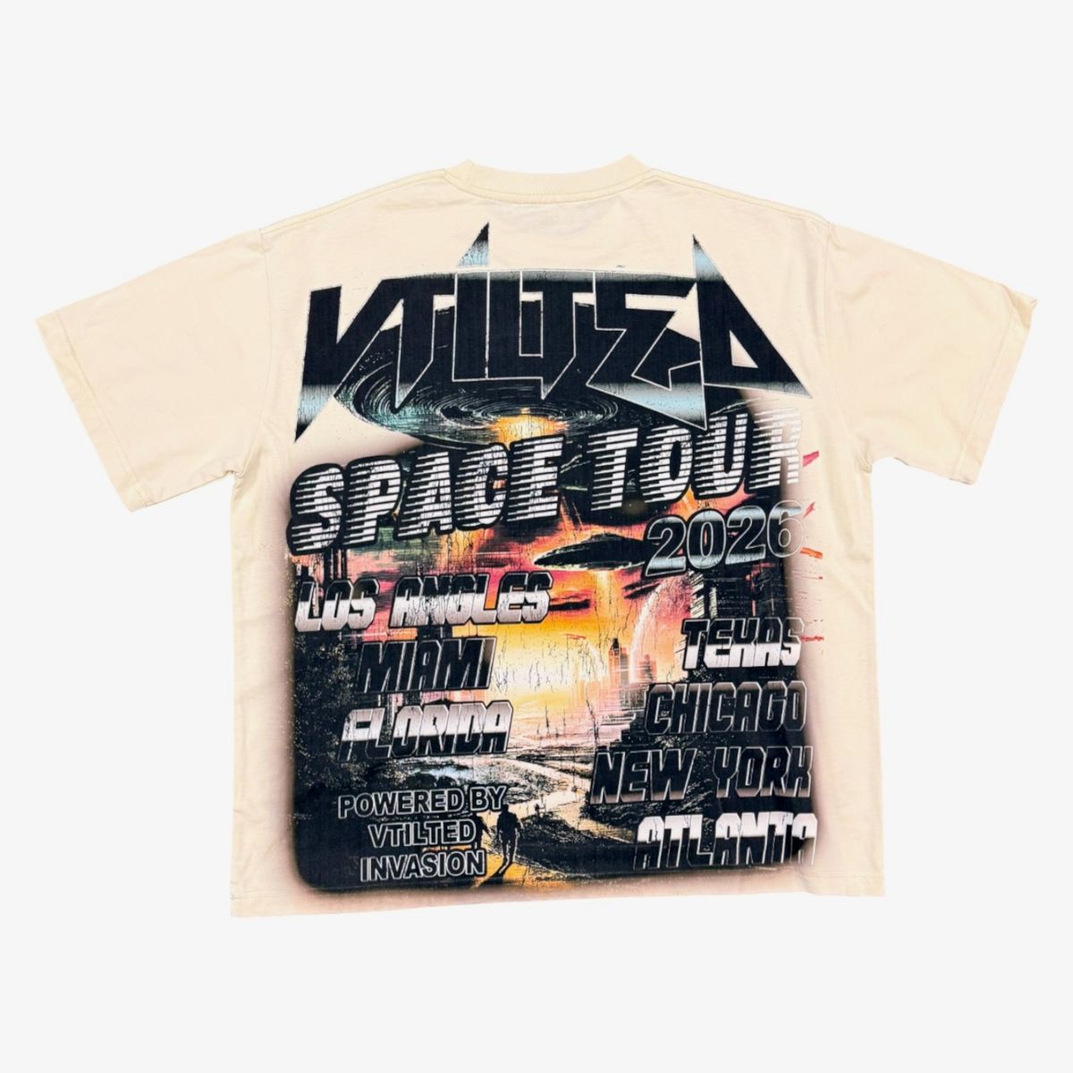 Beige t-shirt with 'Villuez' space tour design on a white background