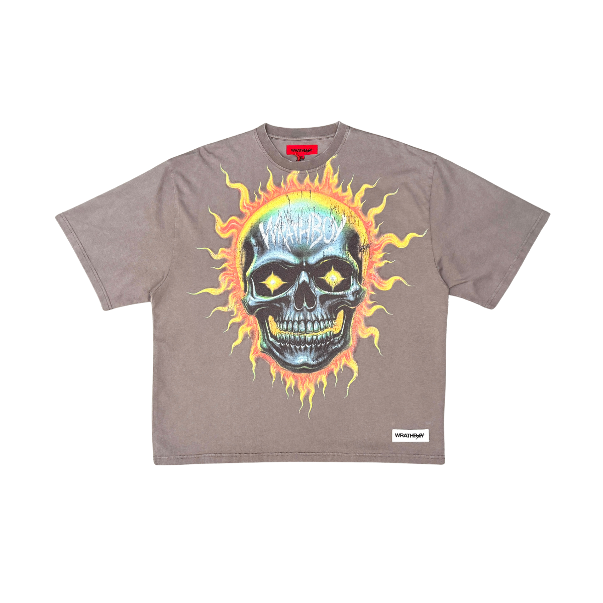 Gray t-shirt with a colorful skull design on a white background