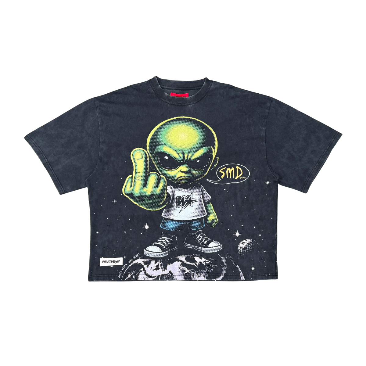 Black t-shirt with an alien graphic and text on a white background