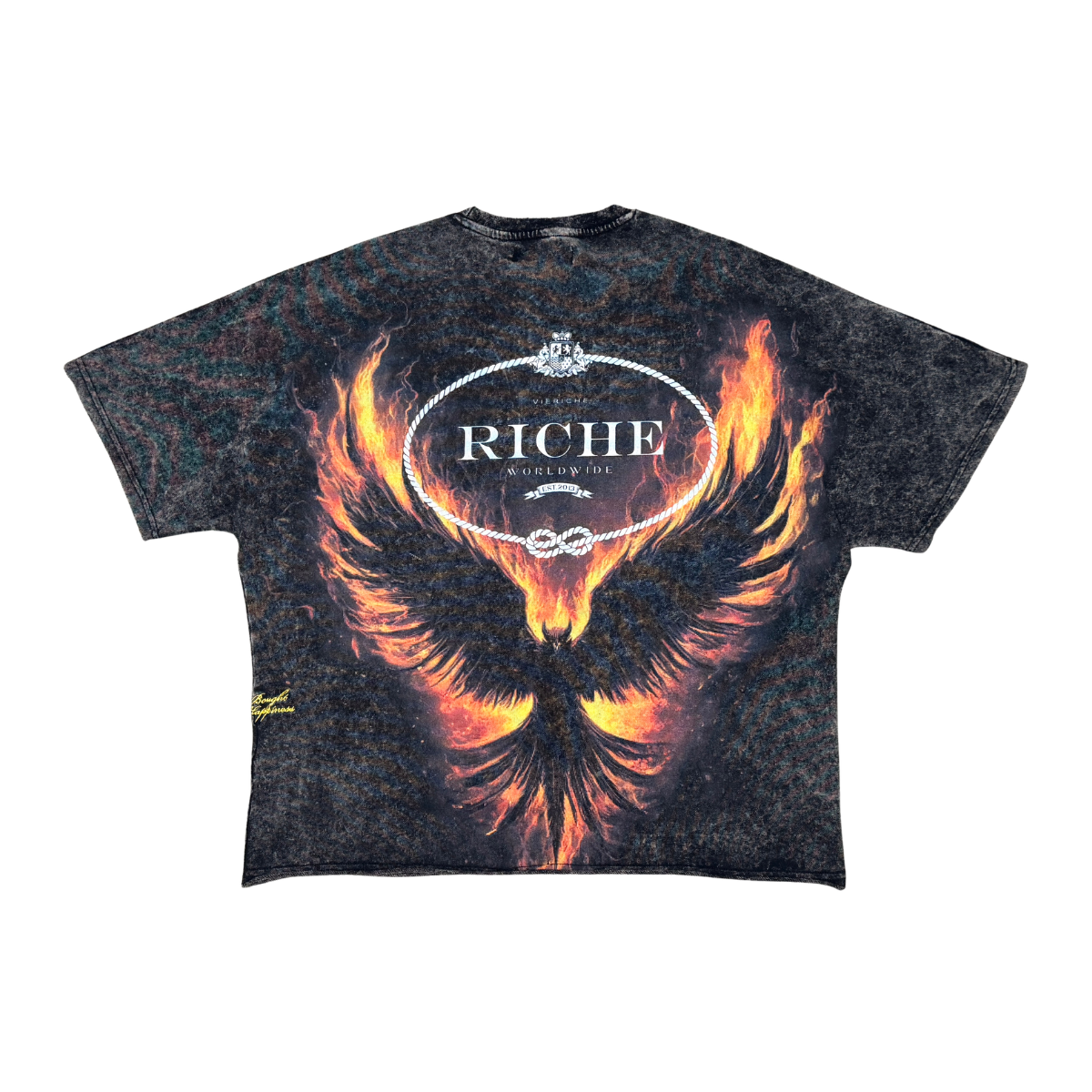 Black t-shirt with fiery design and 'Riche' branding on a white background