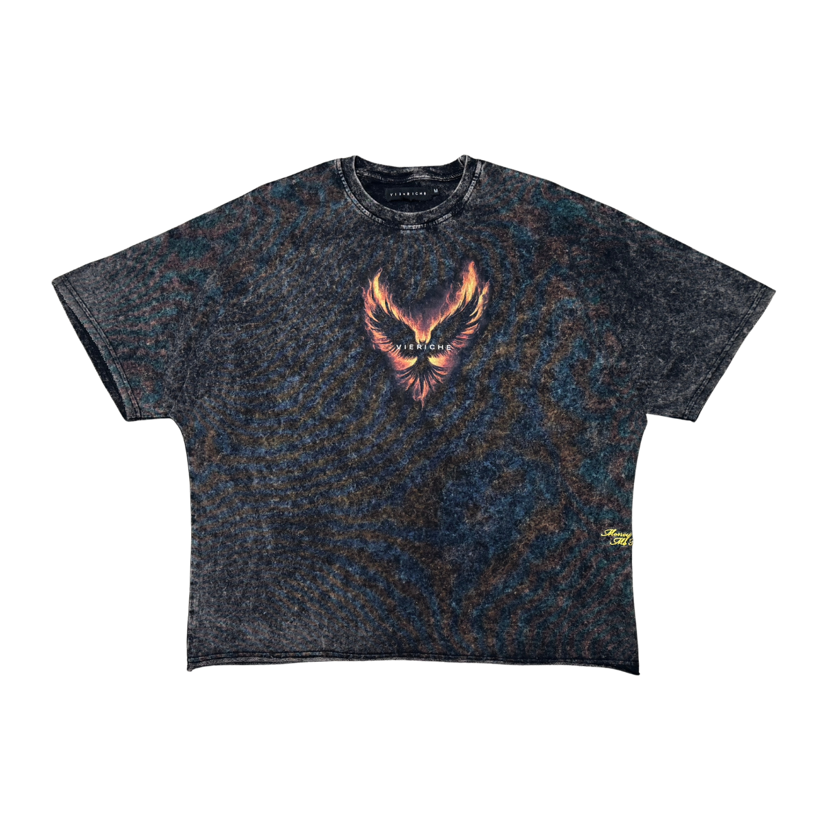 Black distressed t-shirt with a colorful graphic design on a white background