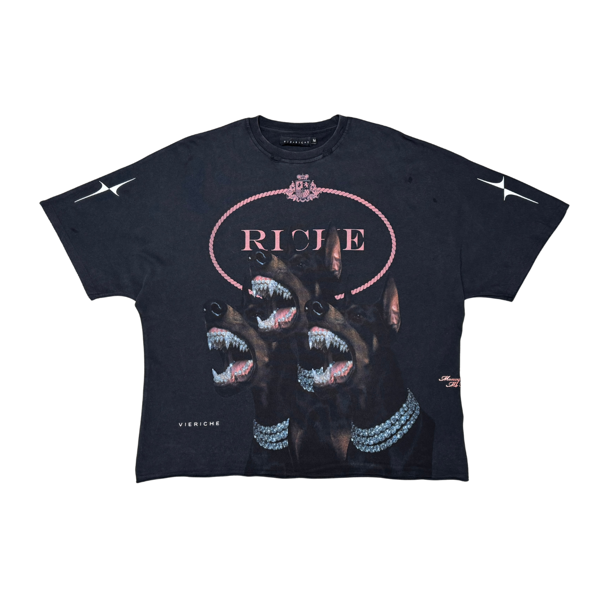 Black t-shirt with graphic design and 'RICHE' text on a white background