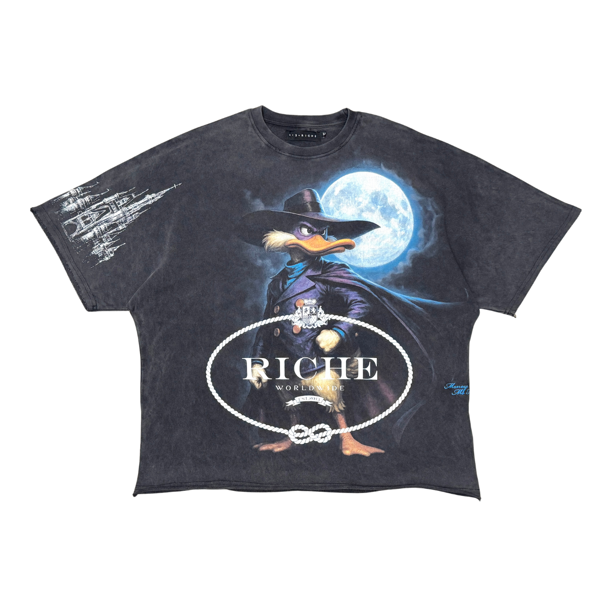 Black t-shirt with a graphic design of a character in a witch costume and 'Riche' text on a white background