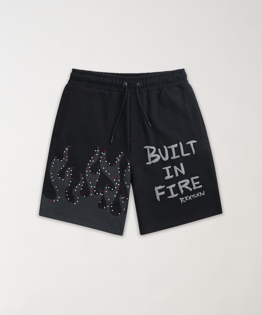 Black shorts with 'Built in Fire' text on a light gray background
