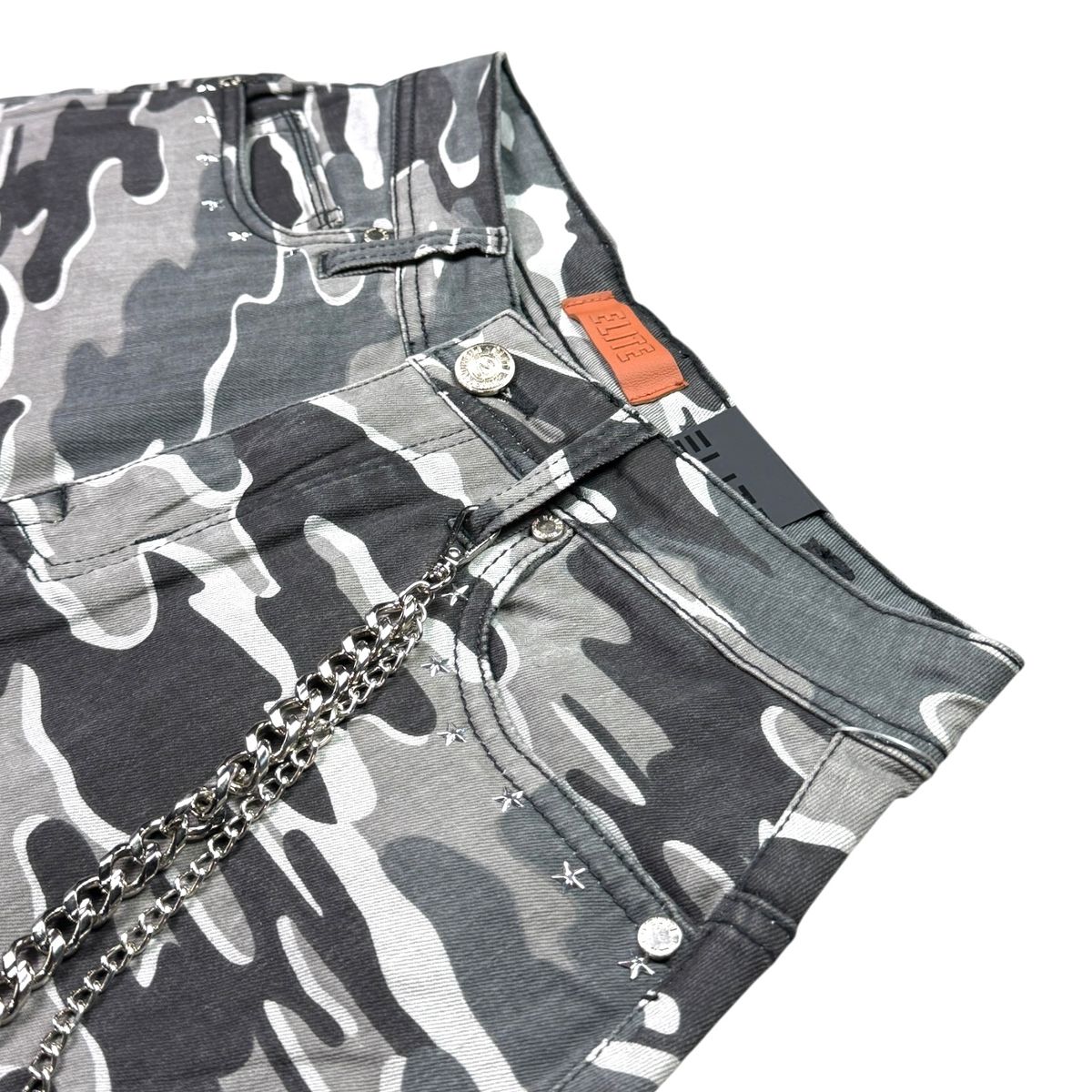 Elite Premium - Patch-work Embellished Denim Shorts Night Camo