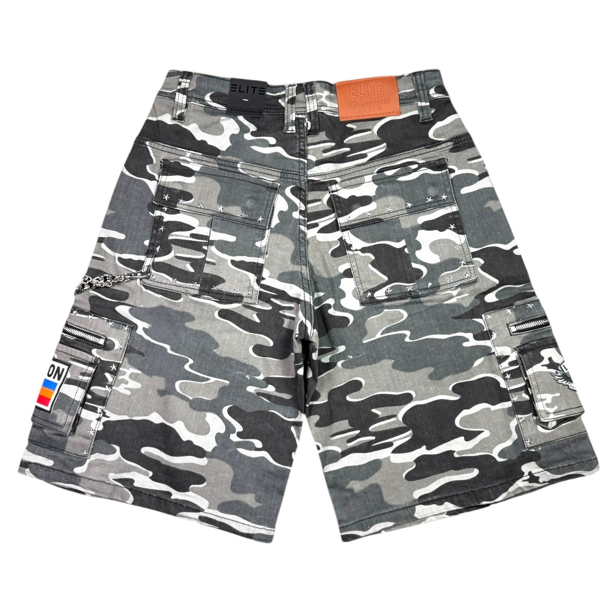 Elite Premium - Patch-work Embellished Denim Shorts Night Camo