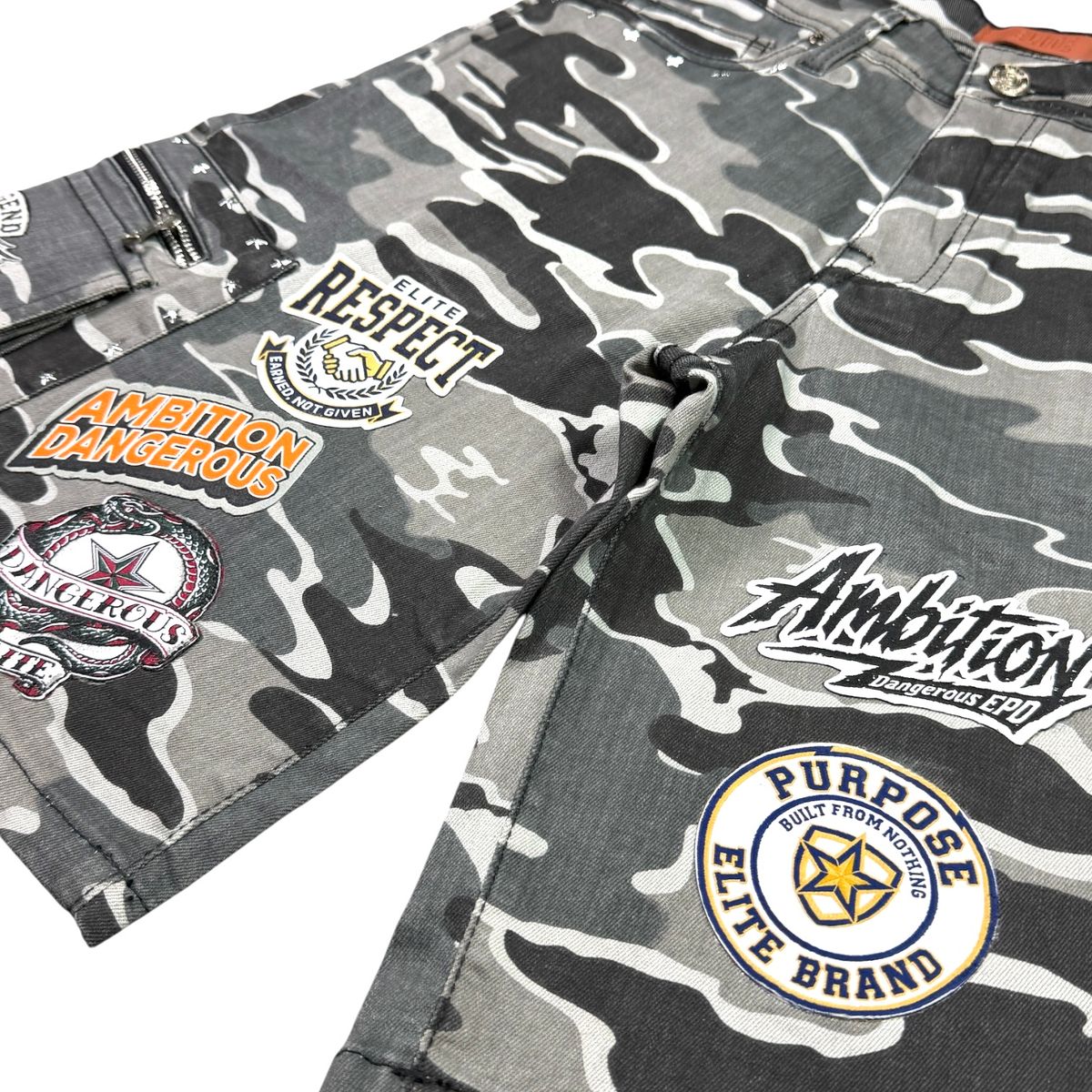 Elite Premium - Patch-work Embellished Denim Shorts Night Camo