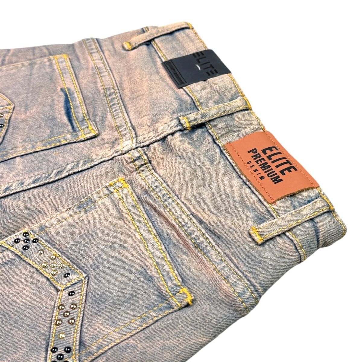Elite Premium - Pyramids Embellished Denim Shorts Vintage Wash