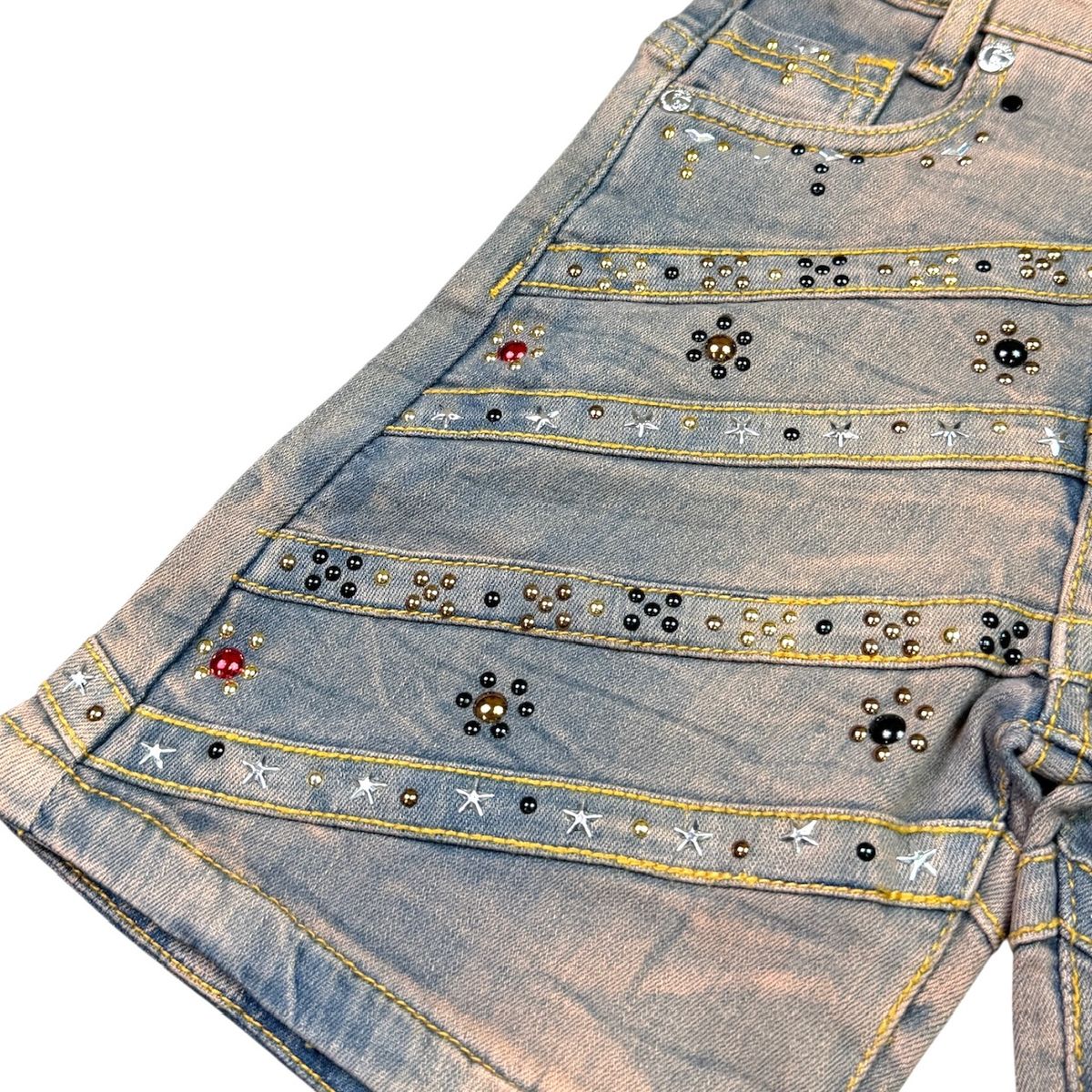 Elite Premium - Pyramids Embellished Denim Shorts Vintage Wash