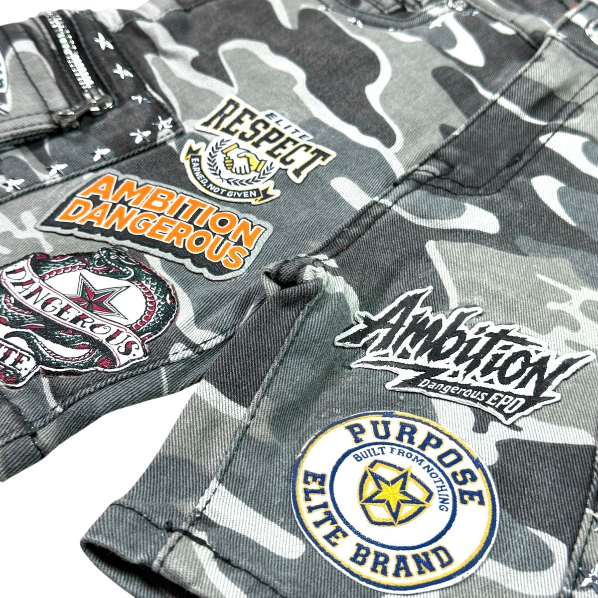 Elite Premium - Patch-Work Embellished Denim Shorts – Night Camo