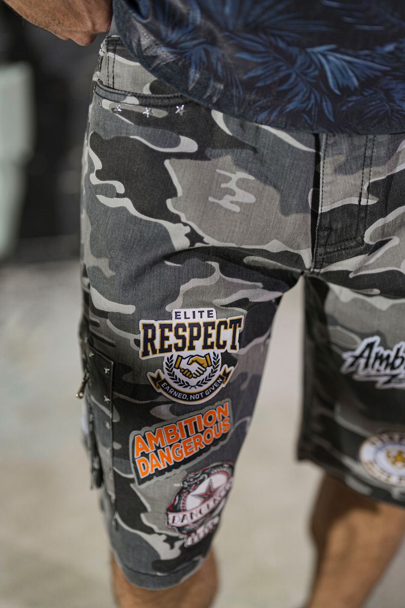 Elite Premium - Patch-work Embellished Denim Shorts Night Camo