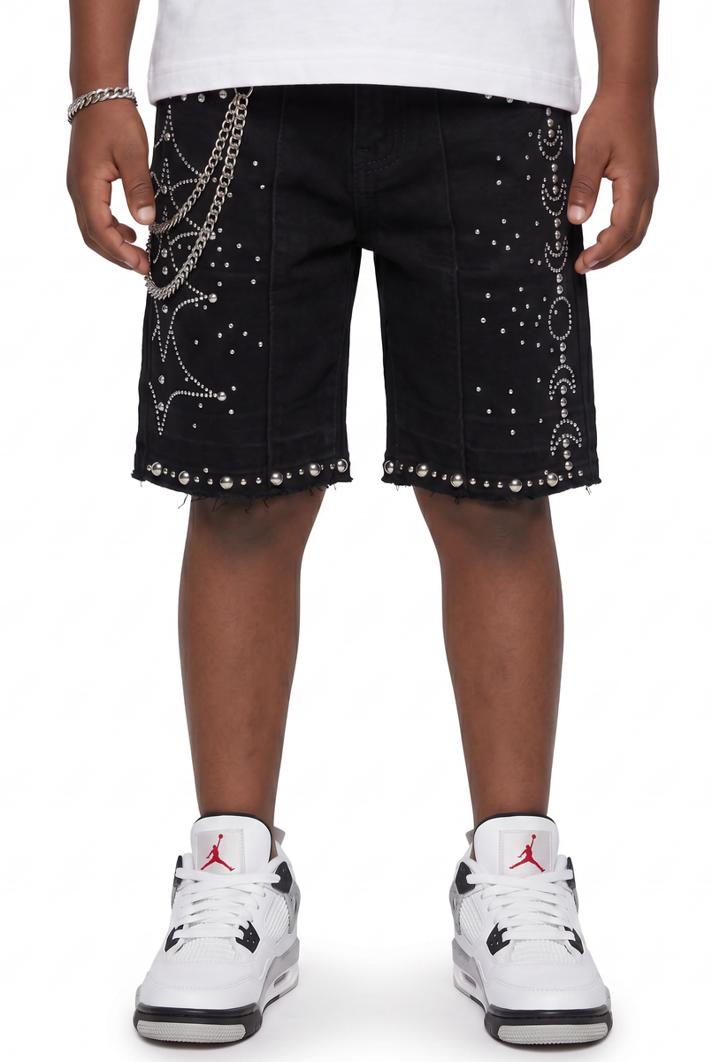 Elite Premium - Moon Phase Embellished Denim Shorts – Jet Black