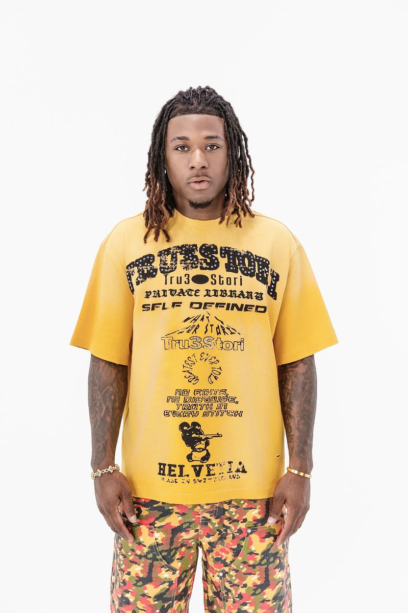 Tru3stori Self-Defined Rhinestone Graphic Tee – Yellow & Blue Embellished Streetwear T-Shirt