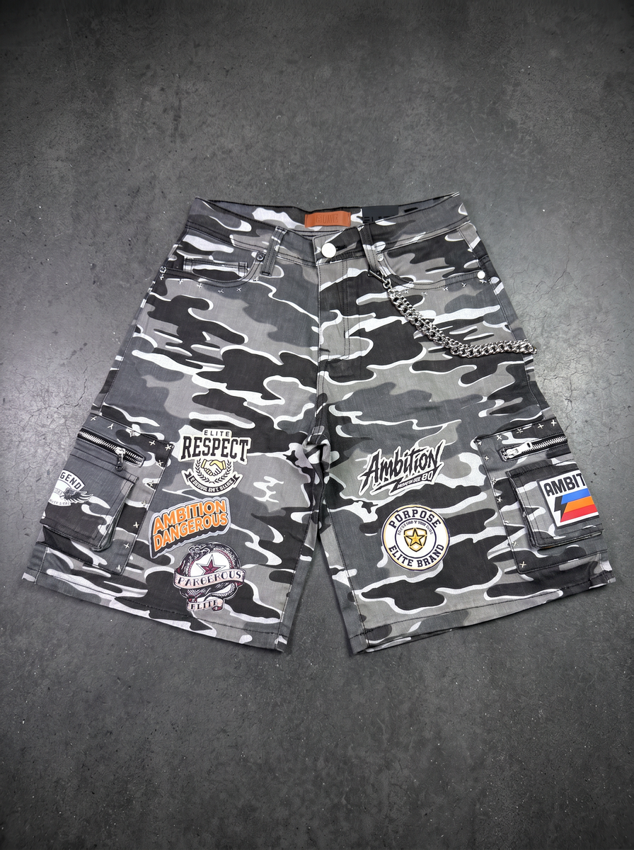 Elite Premium - Patch-work Embellished Denim Shorts Night Camo