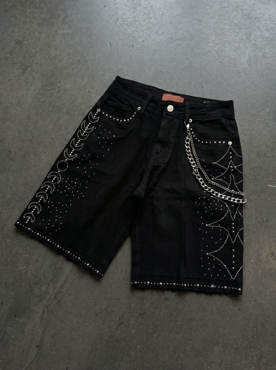 Elite Premium - Moon Phase Embellished Men's Denim Shorts – Jet Black