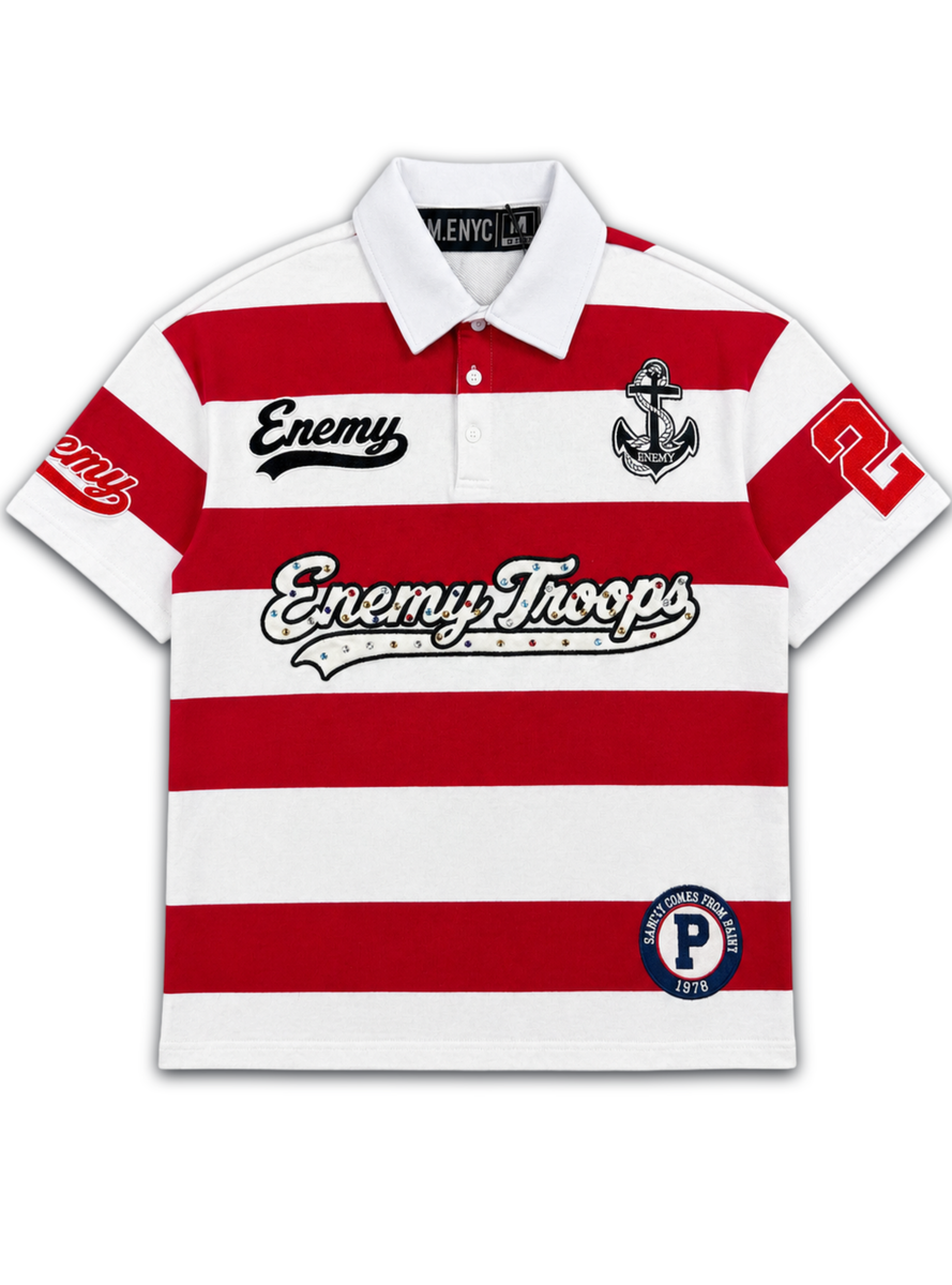 NME NYC Enemy Troops Rugby Polo Shirt – Red & White