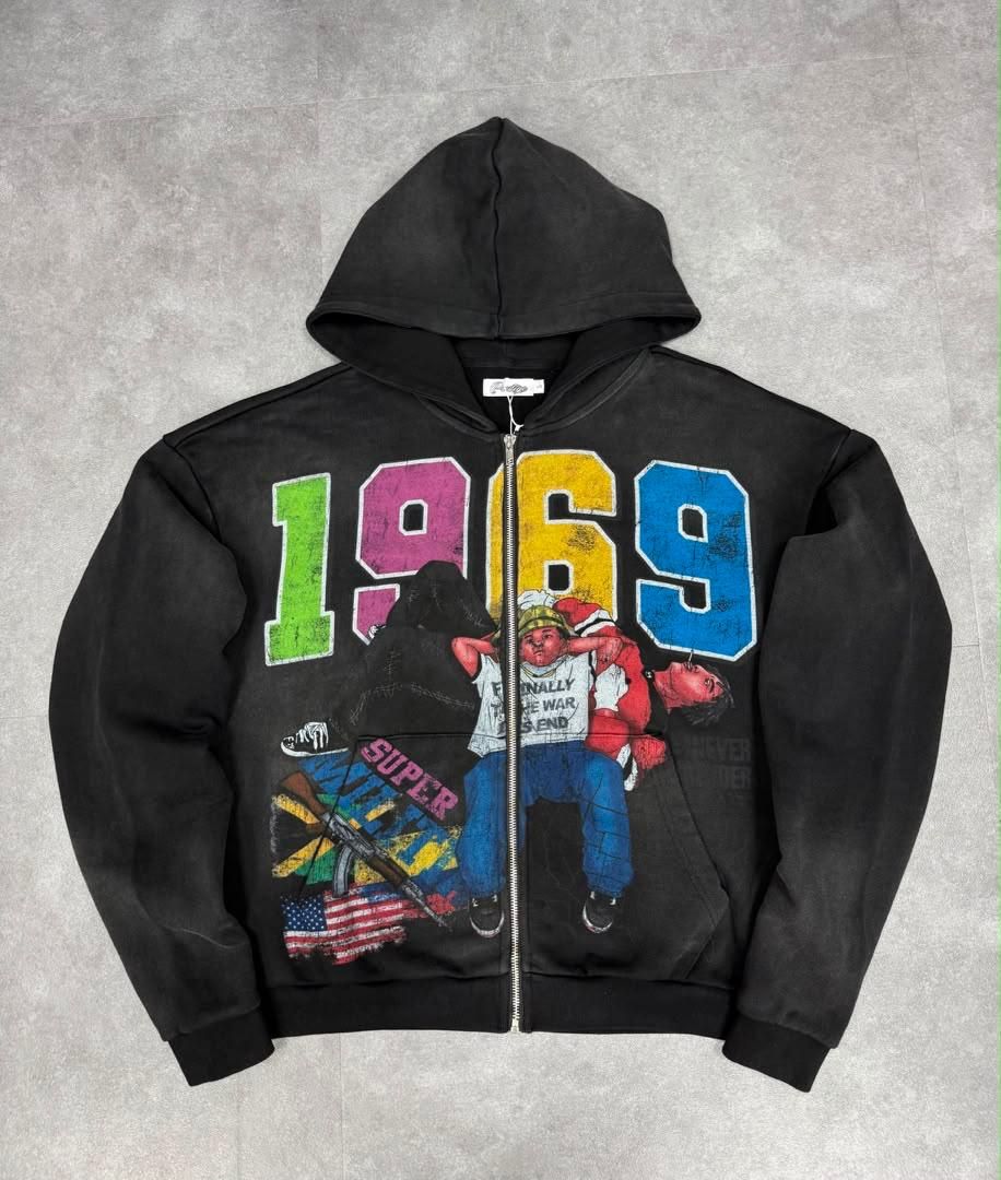 Free Prestige Denim War Has Ended Graphic Zip-Up Hoodie - Black
