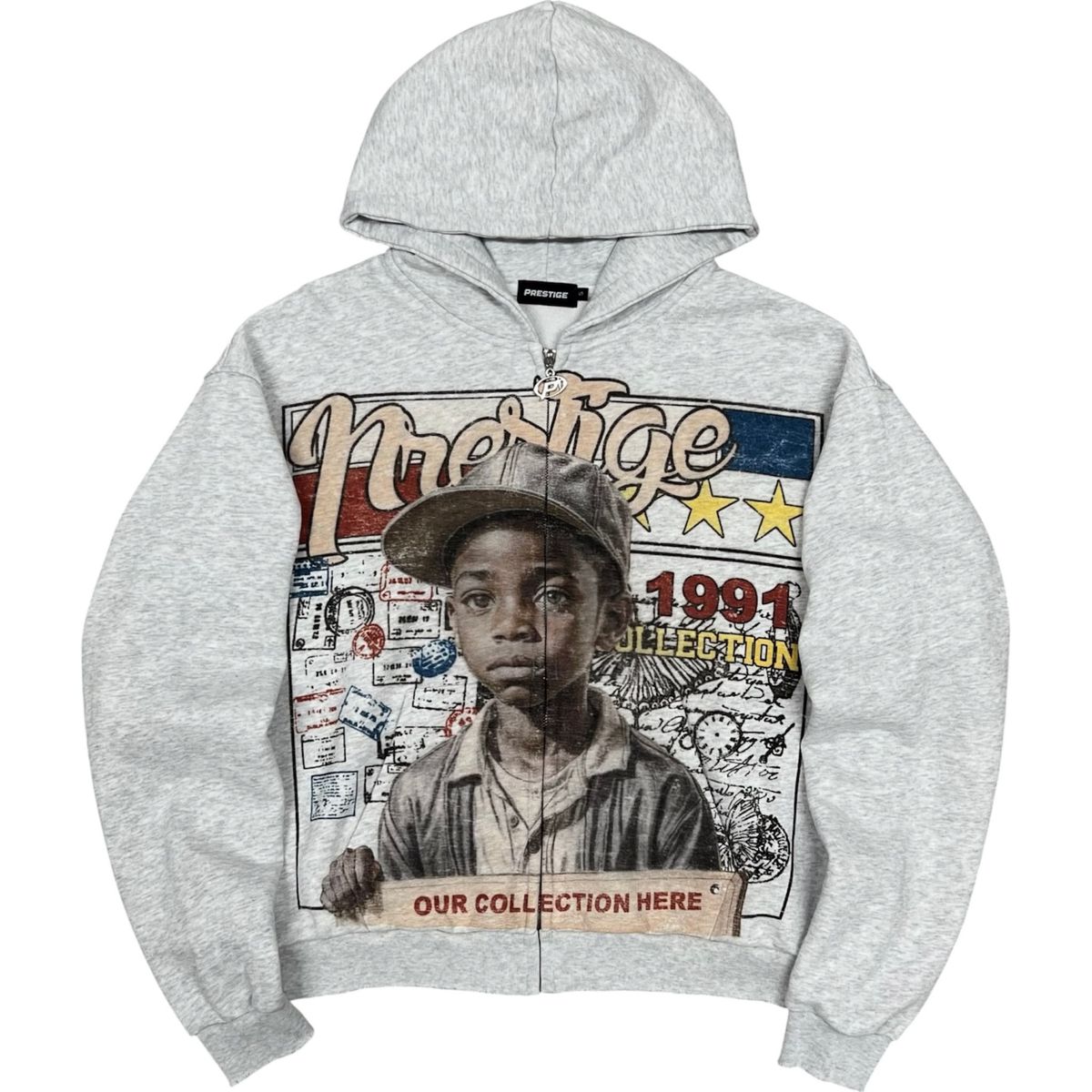 Free Prestige Denim Young General Graphic Zip-Up Hoodie - Grey