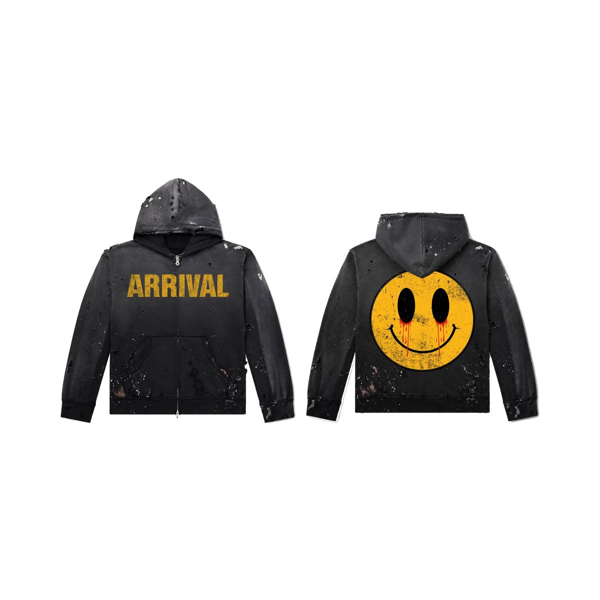 Arrival Worldwide Smiley V2 Distressed Black Zip-Up Hoodiee