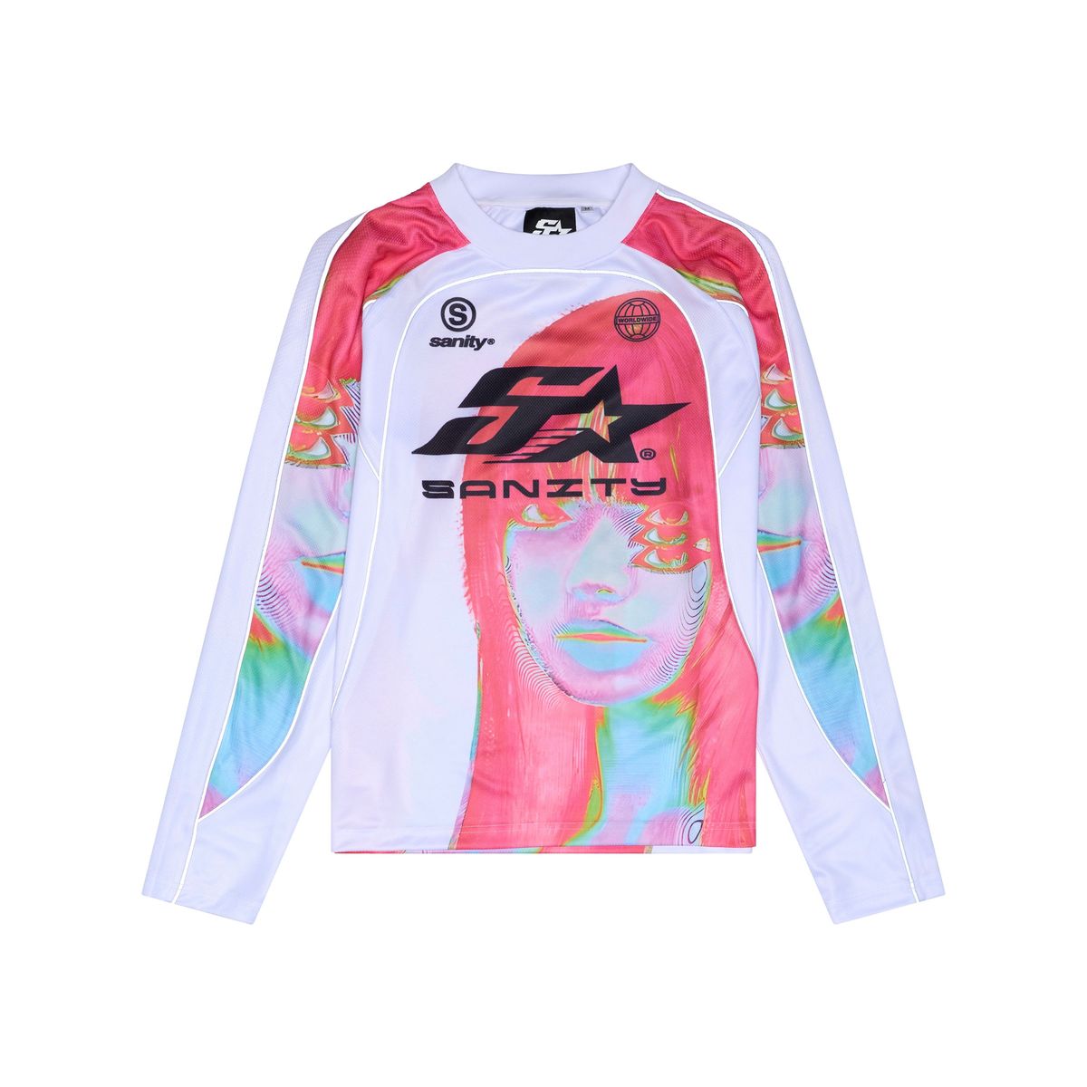 Sanity Style Y2K Graphic Long Sleeve Performance Jersey – White/Multi-Color