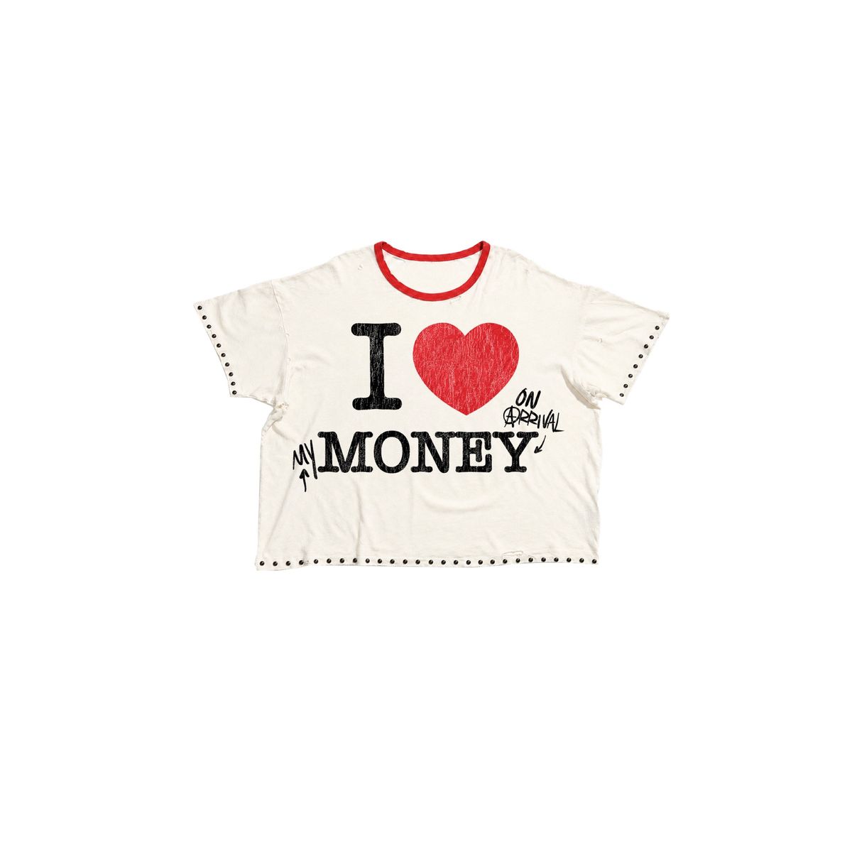 Arrival Worldwide I Love Money Graphic Studded T-Shirt – White/Red