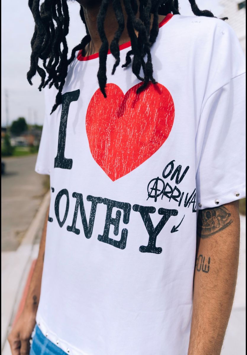 Arrival Worldwide I Love Money Graphic Studded T-Shirt – White/Red