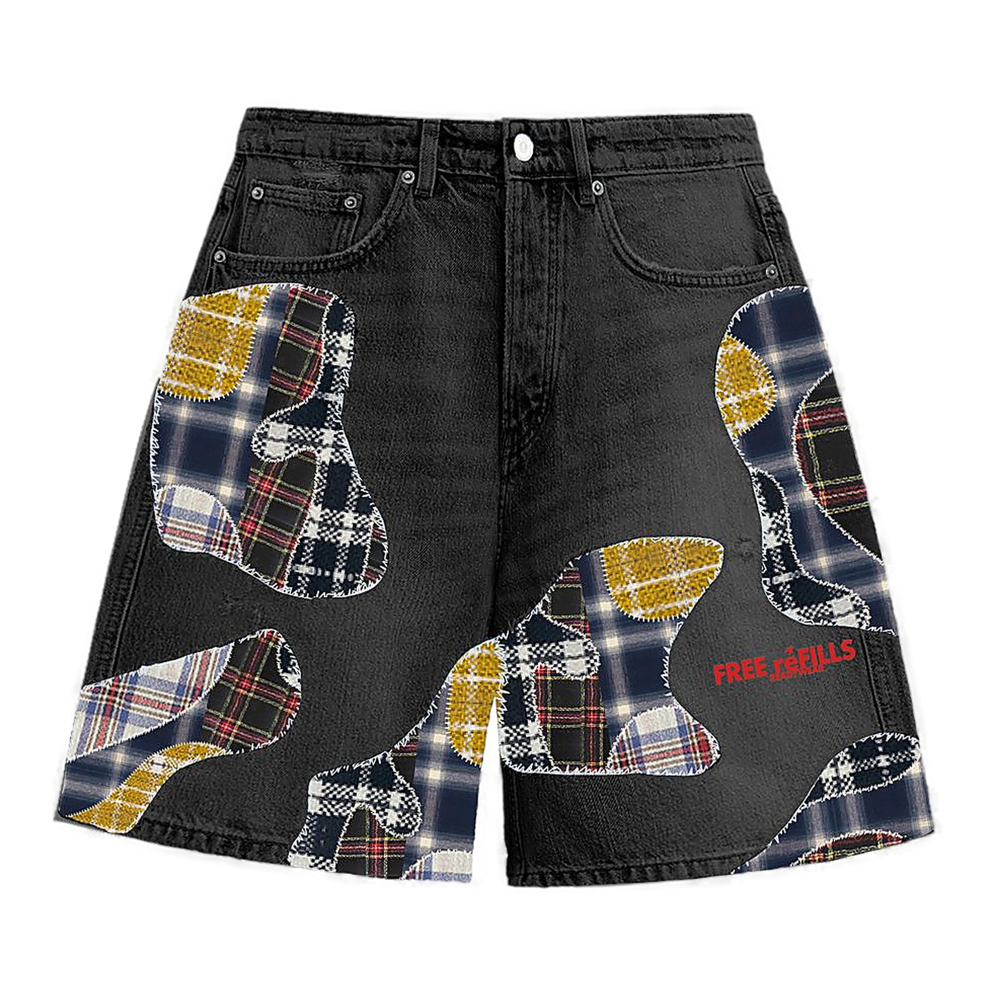 Free Refills Plaid Patch Shorts - Relaxed Fit Black